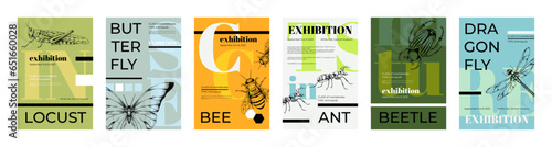 Beetle posters. Bee hipster collage. Abstract book art. Cover or mural for trendy music festival. Entomology exhibition. Bugs and geometric shapes. Vector invitation banners design