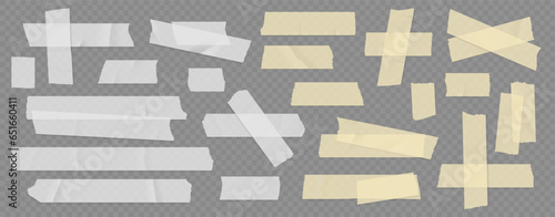 Scotch tape. Sticky paper, adhesive white and yellow pieces of stickers, strip label torn, old ripped stick. Masking stripes different length. Vector isolated on transparent background band