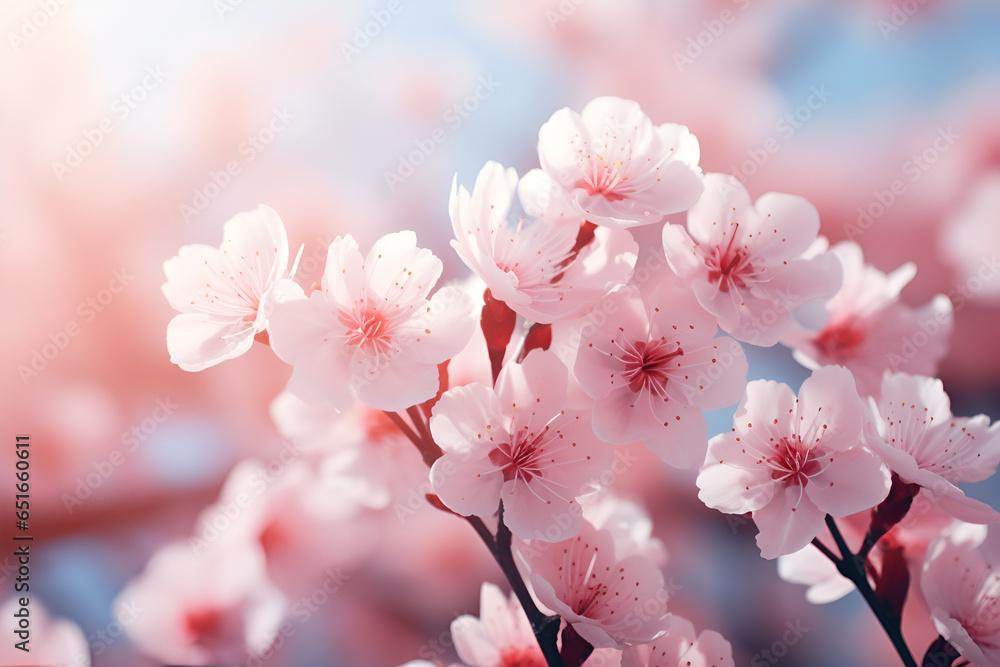 Close up cherry blossom pink sakura flowers blooming on a tree