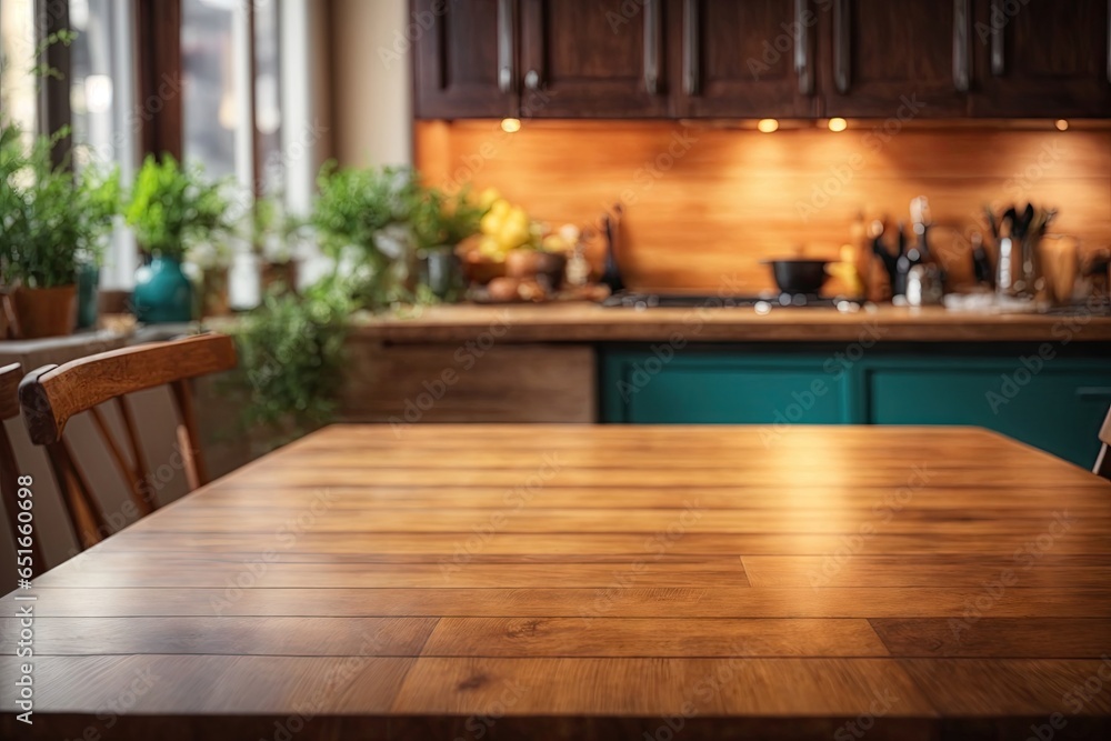 Wooden table on blurred kitchen bench background. ai generative Wooden table on blurred kitchen bench background. ai generative