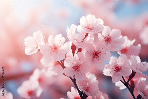 Close up cherry blossom pink sakura flowers blooming on a tree © Kislinka_K