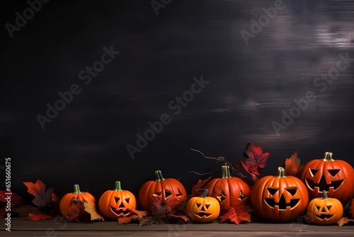 Background photo of happy Halloween holiday festival concept on dark background. Halloween decorations on dark wooden background.Jack O Lantern on dark wood plank with space for product Generative AI	