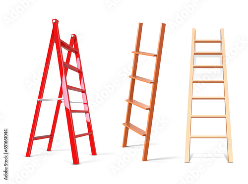 Ladder construction. Realistic wooden and glossy metal staircase. 3D building stepladders. Vertical tools for climbing. Household repair instruments with steps. Vector stairways set