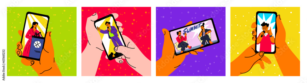 Phone in hand. People holding mobile device. Smartphone with podcast. Doodle persons watching news or movie. Social media content. Cellphone digital technology. Vector cartoon trendy set Phone in hand. People holding mobile device. Smartphone with podcast. Doodle persons watching news or movie. Social media content. Cellphone digital technology. Vector cartoon trendy set