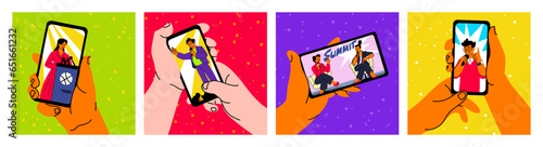 Phone in hand. People holding mobile device. Smartphone with podcast. Doodle persons watching news or movie. Social media content. Cellphone digital technology. Vector cartoon trendy set