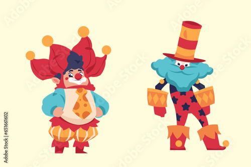Clowns set. Colorful jokers and jesters comedians with funny faces. Circus artists performing tricks. Jugglers entertaining at birthday party and carnival show. Vector cartoon illustration