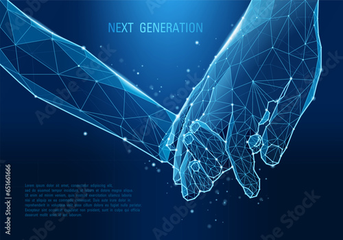 Hands in technological low poly style. Family values and parenting concept. Polygonal father's and child's hands. Digital innovative business. Wireframe vector illustration.