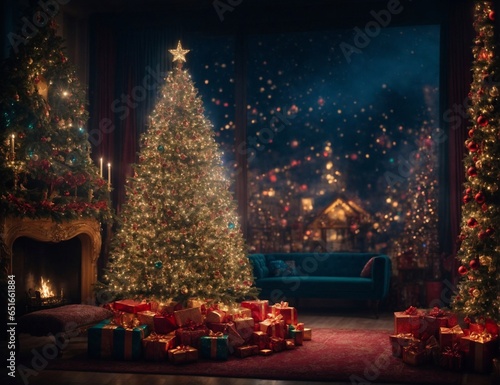 Cozy New Year interior with Christmas tree presents lights and fireplace