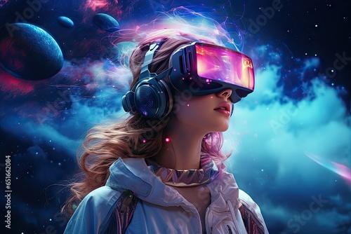 Yourself in future. VR technology at finest. Gaming revolution. Exploring world entertainment. Glimpse into tomorrow. Modern headsets and gadgets © Bussakon