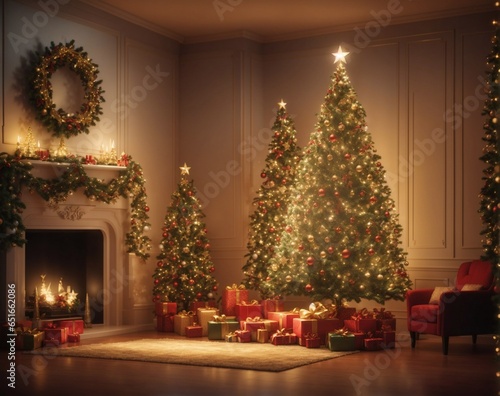 Cozy New Year interior with Christmas tree presents lights and fireplace