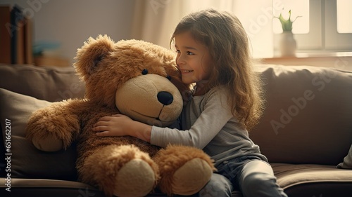 a happy child cuddles a beloved teddy bear in a serene, minimalist living room with soft natural light