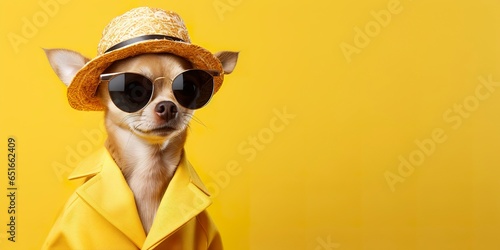 Cool looking Chihuahua dog wearing funky fashion dress. space for text right side.