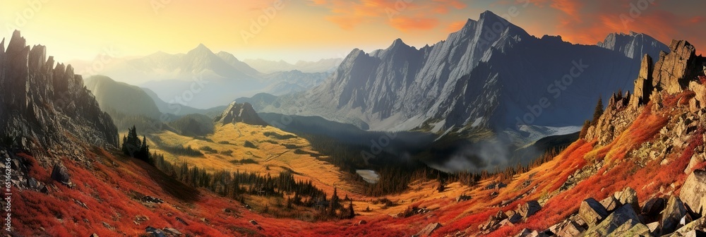 Panorama mountain autumn landscape. - obrazy, fototapety, plakaty 