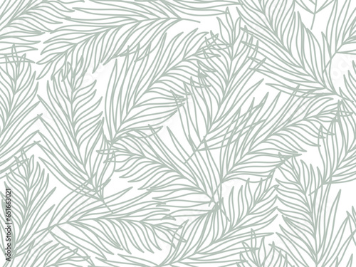 Seamless floral abstract background with leaves drawn by thin lines. Grey background with white leaves, monochrome.Vector floral pattern