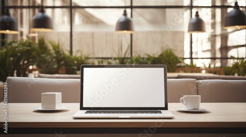 an inviting scene featuring a laptop's blank mockup screen in closeup, accentuating its sleek modern surroundings within a contemporary meeting room © Hanzala