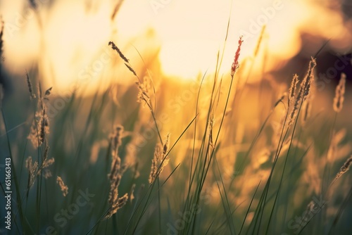 Wild grass in the forest at sunset. Abstract summer nature background.