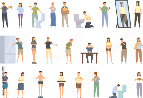 Bulimia icons set cartoon vector. Fat food. Diet eating