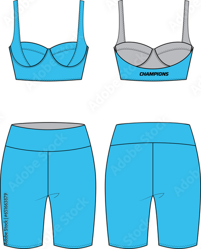 Women Running set with Sports bra top and tights short Leggings active wear design flat sketch fashion Illustration suitable for girls and Ladies, two piece Swim, yoga, gym, running and sports kit