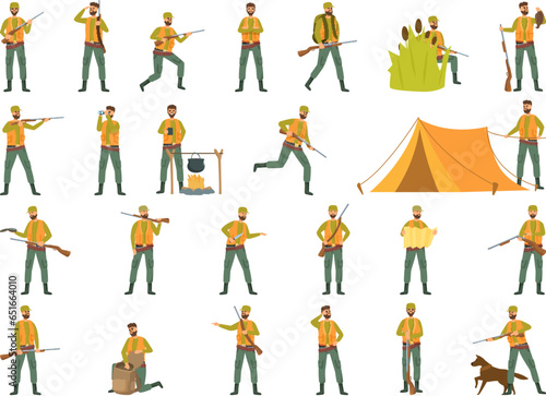Hunter icons set cartoon vector. Gun safari. Rifle man