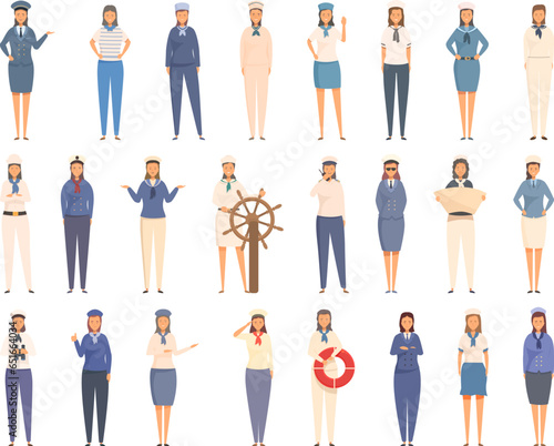 Sailor woman icons set cartoon vector. People fashion. Work ship