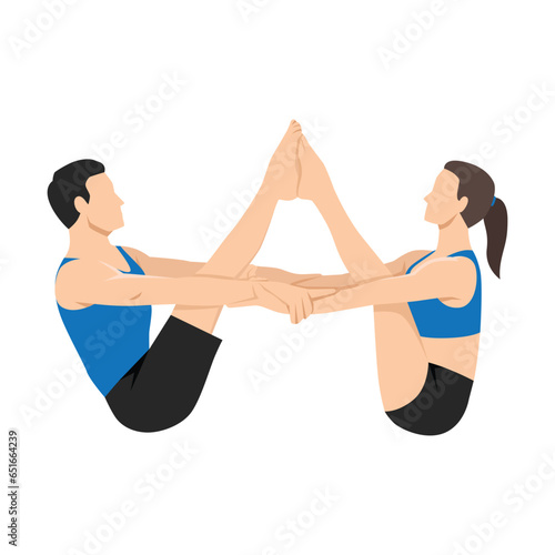Young couple doing Partner Buddy Boat Yoga Pose exercise. Flat vector illustration isolated on white background