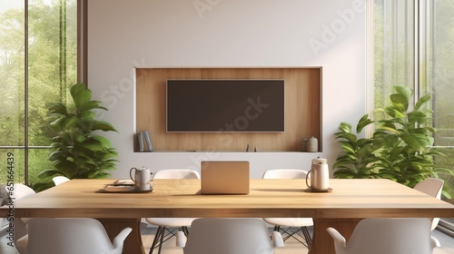 an image of a tranquil meeting room where a laptop's blank screen takes center stage in a closeup shot, perched gracefully on a contemporary table, ready for your design © Hanzala