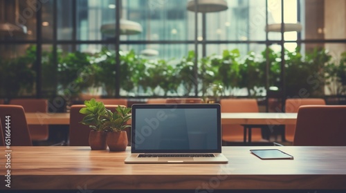 an image of a tranquil meeting room where a laptop's blank screen takes center stage in a closeup shot, perched gracefully on a contemporary table, ready for your design