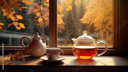 a teapot and tea cup on a wooden windowsill, with a burning candle nearby, creating a warm and inviting atmosphere.
