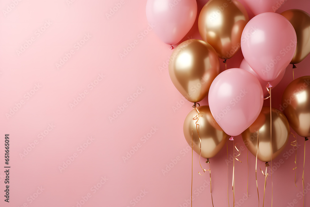 Gold and pink helium air balloons on pink background