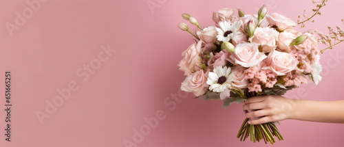 bouquet with pink tulips in children's hands on a pink background