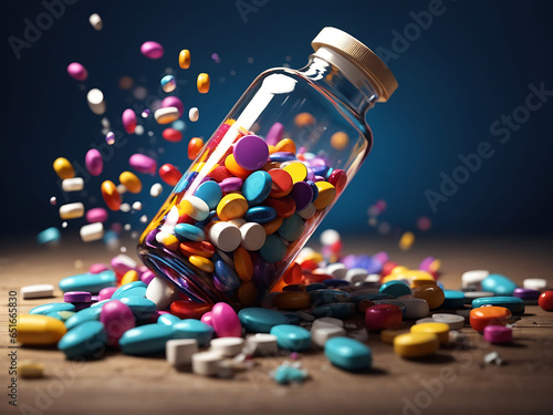 Medicine concept. Spilled pills from prescription bottle.