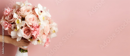bouquet with pink tulips in children's hands on a pink background