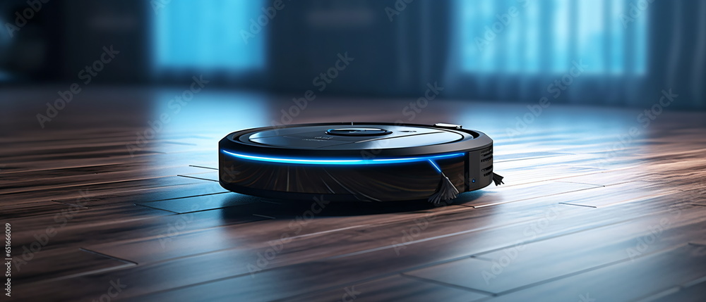 Robotic vacuum cleaner with sensor limiter isolated on laminate floor - obrazy, fototapety, plakaty 