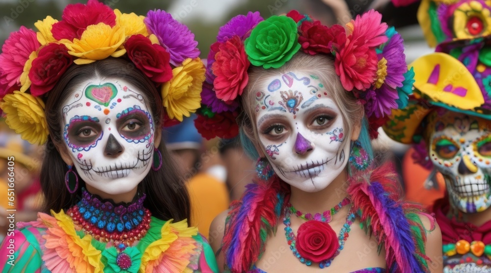 Couple of beautiful girls dressed as Catrina on the day of the dead Couple of beautiful girls dressed as Catrina on the day of the dead