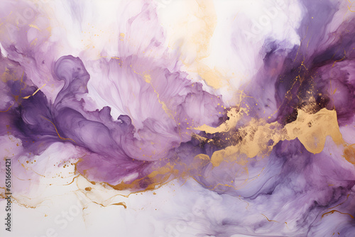 Elegant violet  alcohol ink background with gold glitter elements