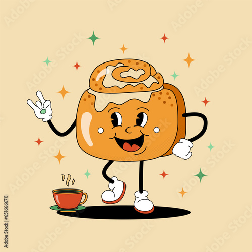 Comic flat glazed Cinnabon with face on decorated background. Vector cartoon illustration in groovy retro style with bakery. Square image of cute cinnamon roll character with smile for poster or flyer