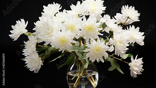 a bouquet of white chrysanthemums against a dark  monochromatic background  emphasizing the purity and grace of these flowers.