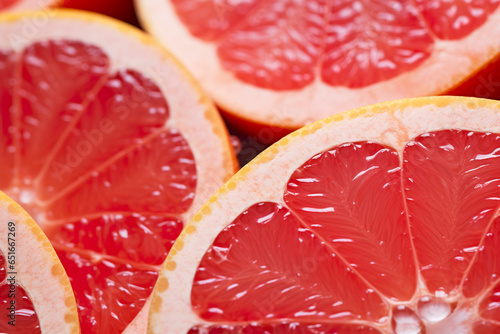 A close-up photo of several grapefruit slices. Background with several juicy slices of fresh grapefruits in details. Citrus fruit in vibrant tones.