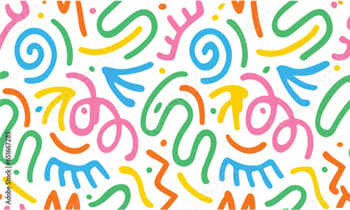 Wavy shapes and swirling strokes. Vector seamless pattern. Attractive multi-colored design, children's doodle lines, suitable for general background illustrations.