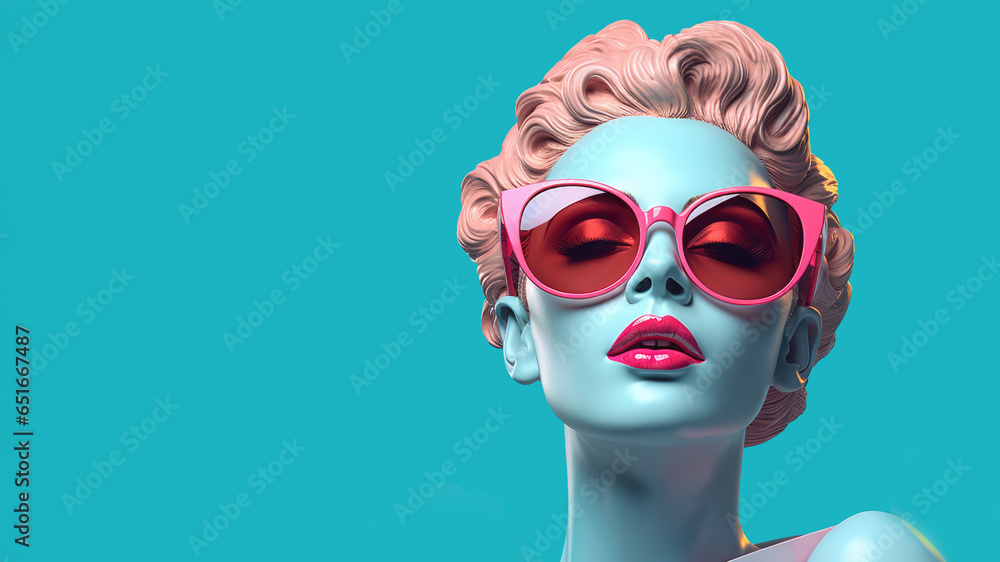 Marble statue of an ancient Greek goddess in modern sunglass on vibrant background. digital collage, minimalistic style - obrazy, fototapety, plakaty 