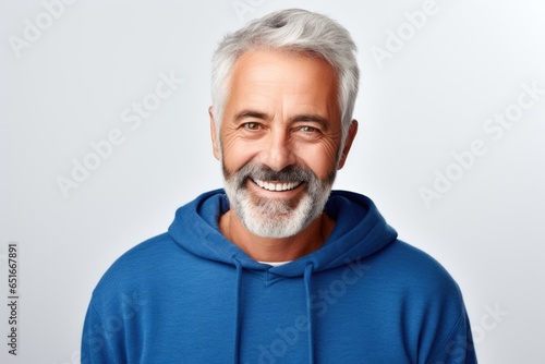 Happy mature old bearded man with smile, cool mid aged gray haired older senior hipster wearing  sweatshirt standing isolated on white background. Copy space. Website images