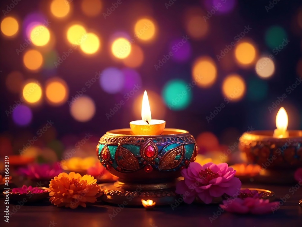 Happy Diwali festival concepts with diya oil lamp and floral mandala on blurred bokeh background. Indian, Hindu colorful traditional festival of lights celebration, ai Generative. - obrazy, fototapety, plakaty 