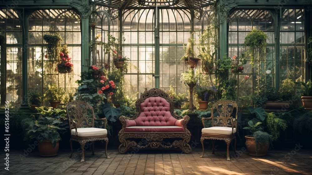 Create an antique mockup of a poster frame in a Victorian-era greenhouse with ornate wrought-iron furniture.