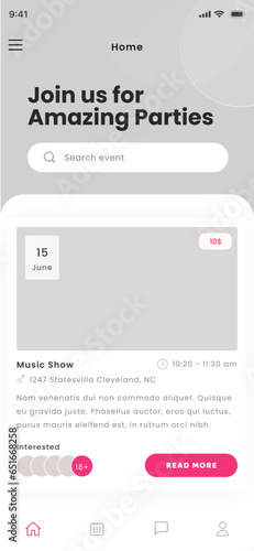Party Finder, Events, Celebration, Gathering, Festival and Social Activities Pink App UI Kit Template