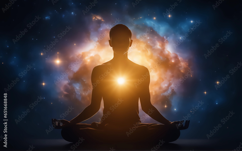 Surreal art with a man connecting to the universe through meditation Surreal art with a man connecting to the universe through meditation