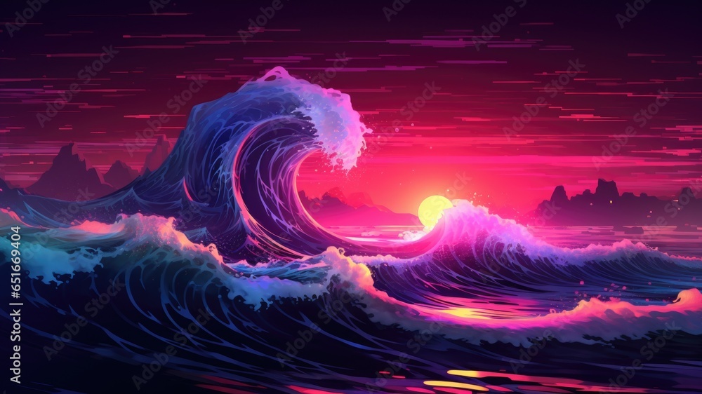 Ocean wave crashing with a sunset over it