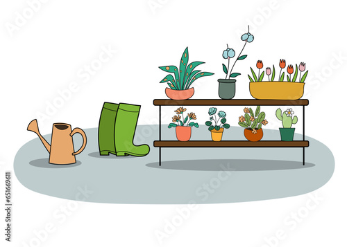 Garden supplies: watering can, boots, potted plants for the greenhouse
