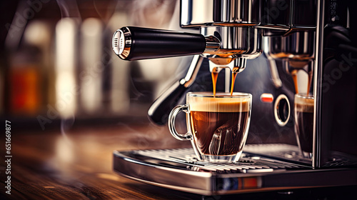 Horizontal illustration with a coffee machine preparing espresso. For banner covers and other projects about coffee.