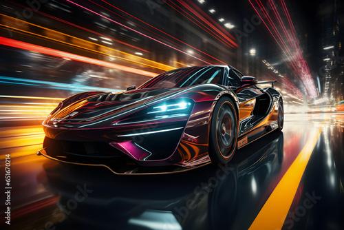 Drawing of a futuristic race car at night is a perfect blend of realism and surrealism. Race cars are drawn in a hyperrealist style that emphasizes realism in every detail. From the bright neon lights © Chanawat