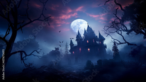 Halloween Haunted Manor: A Sinister Night Under the Frightening Full Moon Amidst Dark Trees and Scary Bats